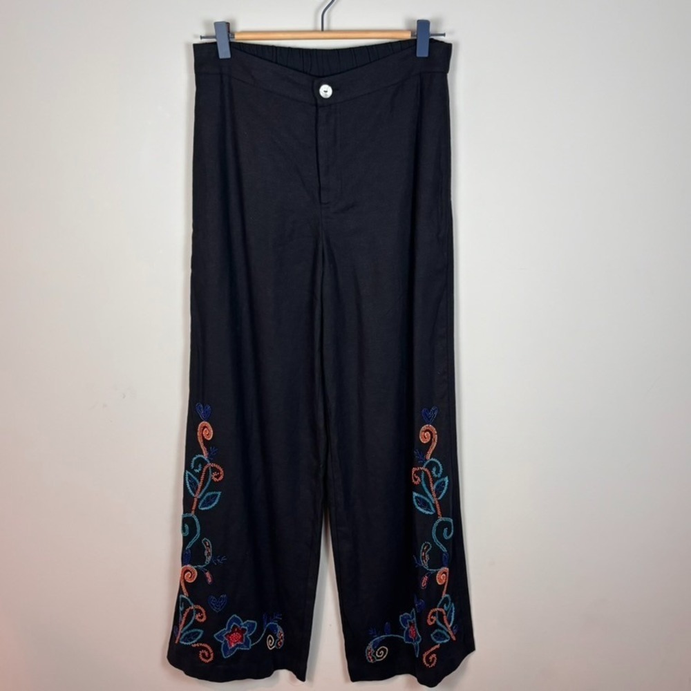 Jade Jonny Was Black Wide Leg Floral Beaded Linen Pants Womens Small Boho Artsy